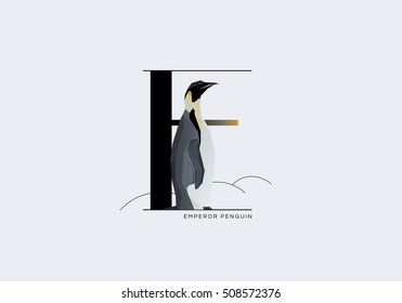 Initial letter E decorated with Emperor penguin in minimal contemporary style
