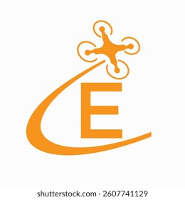 Initial Letter E Drone Logo Design Concept For Agriculture Irrigation Sign Vector And Template
