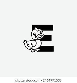 Initial Letter E with Duck Logo Design. Duck is sporting a happy smile. Letter E Vector cute animals character duck isolated illustration and lettering on white background.
