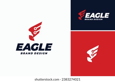 Initial Letter E Eagle Falcon Hawk Head, Wing Bird with Circuit Line Wire for Modern Digital Industry Logo Design