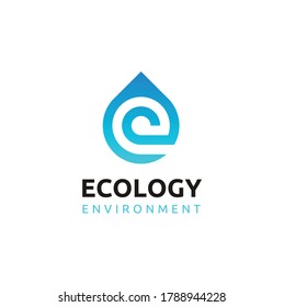 Initial Letter E Eco Ecology Environment with fresh dew water drop or droplet for aqua mineral drink liquid logo design