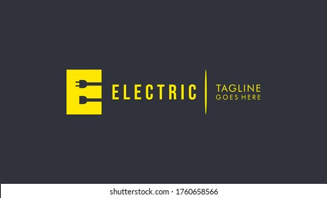 Initial Letter E Electricity Logo. Yellow Square Shape E Letter with Negative Space Wire and Plug Icons inside. Flat Vector Logo Design Template Element.