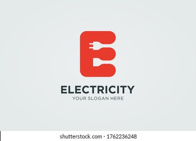 Initial Letter E Electricity Logo. Red Square Rounded Shape E Letter with Negative Space Wire and Plug Icons inside isolated on White Background. Flat Vector Logo Design Template Element.