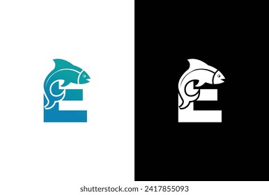 Initial Letter E Fish Logo Design Vector Icon Graphic Emblem Illustration. Word mark logo icon formed fish symbol in letter E in White background.