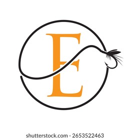 Initial Letter E Fishing Logo Design Concept With Fishing Hook Symbol Vector Template