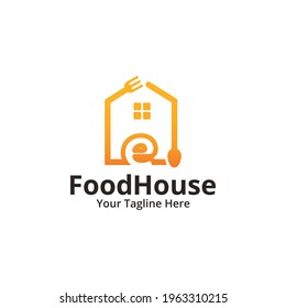 Initial letter E food house Logo Design Template. Illustration vector graphic. Design concept fork, spoon, letter With house symbol. Perfect for restaurant, cooking business
