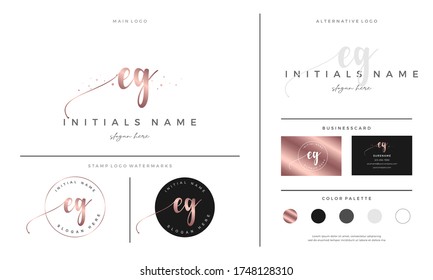 Initial EG letter E G handwriting beauty logo design. Luxury, Elegant and Feminine branding template on rose gold - Vector