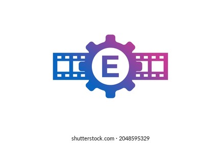 Initial Letter E Gear Cog Wheel with Reel Stripes Filmstrip for Film Movie Cinema Production Studio Logo Inspiration