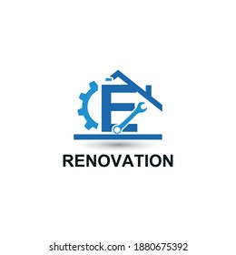 Anfangsbuchstabe E mit Fanggerät, Schlüssel und Home-Symbol für Wohnungsrenovierung, Bau, Reparatur und Wartung Logo-Design Vektorgrafik
