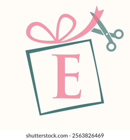 Initial Letter E Gift Box Logo Design Concept With Ribbon and Scissors Symbol For Weeding and Birthday Gift Sign