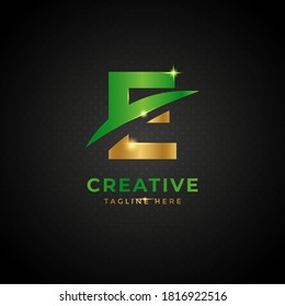 Initial letter E with green and gold color. Luxury slash logo design concept, fit for company and business.