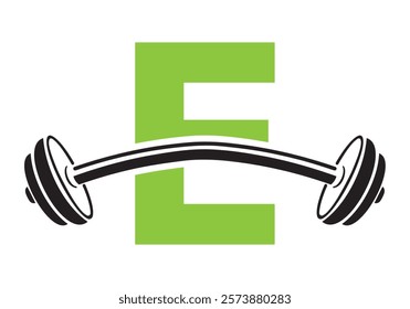 Initial Letter E Gym Logo Design Concept With Straight and Curved Barbell Symbol. Fitness Sign, Bodybuilding, Workout Vector