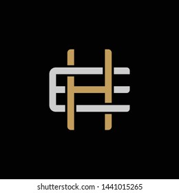 Initial letter E and H, EH, HE, overlapping interlock logo, monogram line art style, silver gold on black background