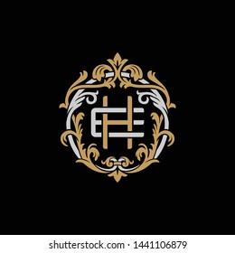 Initial letter E and H, EH, HE, decorative ornament emblem badge, overlapping monogram logo, elegant luxury silver gold color on black background