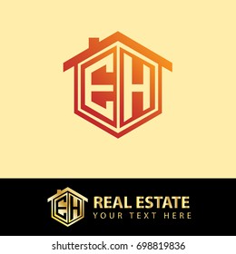 Initial Letter E, H, EH Logo, Hexagonal Shape for Real Estate Company with Orange Color