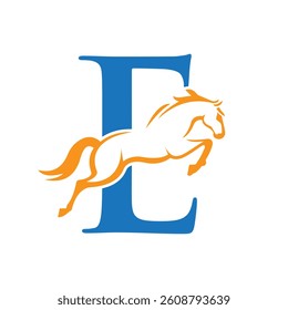 Initial Letter E Horse Logo Design Concept With Jumping Horse Symbol Vector Template 