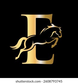 Initial Letter E Horse Logo Design Concept With Jumping Horse Symbol Vector Template 
