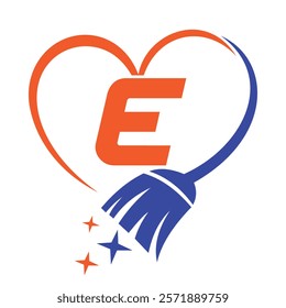 Initial Letter E House Clean Logo Concept With Cleaning Brush and Heart Symbol. Broom Sign