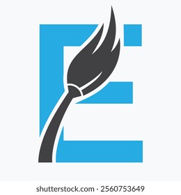 Initial Letter E House Cleaning Logo Concept With Clean Brush Symbol Vector Template