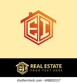 Initial Letter E, I, EI Logo, Hexagonal Shape for Real Estate Company with Orange Color