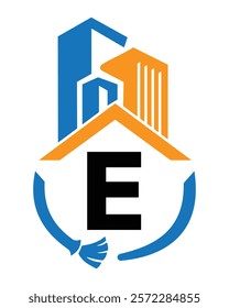 Initial Letter E Industrial Cleaning Logo Concept With Cleaning Brush and Building Symbol. Broom Sign