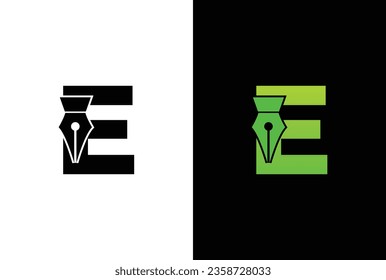 initial Letter E ink pen logo design. Letter E pen logo in modern style concept.