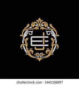 Initial letter E and J, EJ, JE, decorative ornament emblem badge, overlapping monogram logo, elegant luxury silver gold color on black background