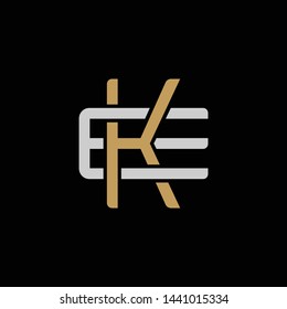 Initial letter E and K, EK, KE, overlapping interlock logo, monogram line art style, silver gold on black background
