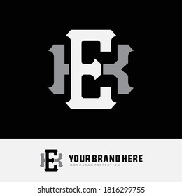 Initial letter E, K, EK or KE overlapping, interlock, monogram logo, white and gray color on black background
