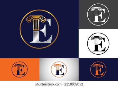 Initial letter E with law pillar logo design. Law office vector logo template