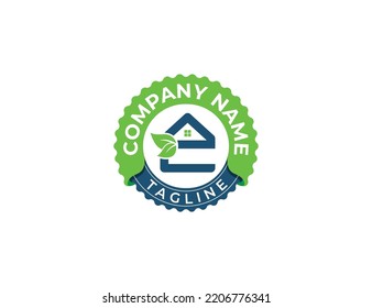 initial Letter e with Leaf and Home Stamp Badge Logo Concept sign icon symbol Design Element. Green House, Real Estate, Realtor, Mortgage Logotype. Vector illustration template