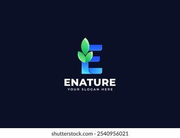 Initial Letter E with Leaf Icon Symbol Logo Inspiration. Green Leaf Symbol on Letter E Logo Design. Green and Natural Branding for Eco Business Identity. Alphabet Vector Logo Illustration.