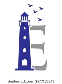 Initial Letter E Light House Logo Design Vector Template