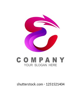 Initial letter e logo with arrow shape. letter e business logo template, purple color 