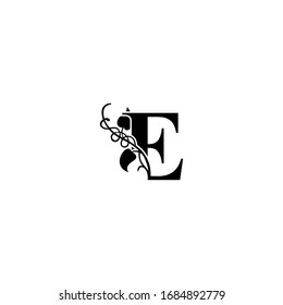 Initial Letter E Logo with leaf ornament design vector black white element