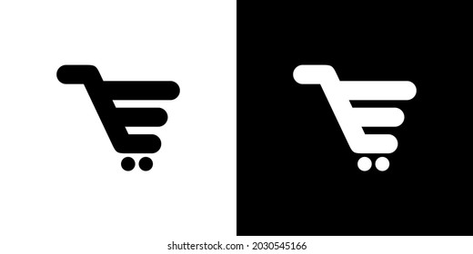 Initial Letter E Logo with shopping cart vector on black and white background.