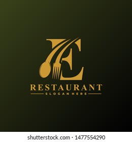 Initial Letter E Logo with Spoon And Fork for Restaurant logo Template. Editable file EPS10.
