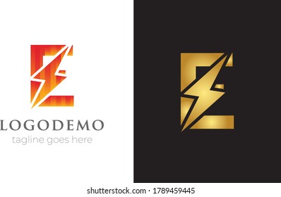 Initial letter E logo template with Power icon .This font with Electrical Bolt identity, moving and speed thunder  logo vector .