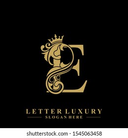 Initial letter E luxury beauty flourishes ornament with crown logo template.