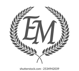 Initial letter E and M, EM monogram logo design with laurel wreath. Luxury calligraphy font.