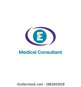 Anfangsbuchstabe E mit Symbol für die medizinische Kreuzung und Loop-Pflege für die gesunde Krankenhausmedizin Logo-Design-Vektorgrafik