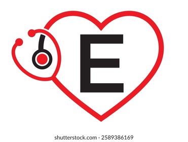 Initial Letter E Medical Logo Concept With Heart and Stethoscope Symbol For Healthcare and Medical Sign