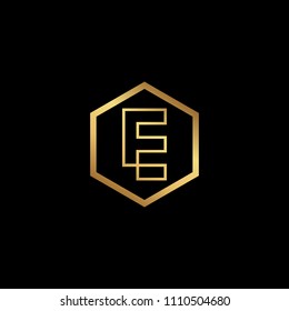 Initial letter E minimalist art monogram Hexagon shape logo, gold color on black background