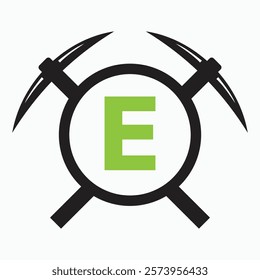 Initial Letter E Mining Logo Combine With Pickaxe Symbol Vector Template