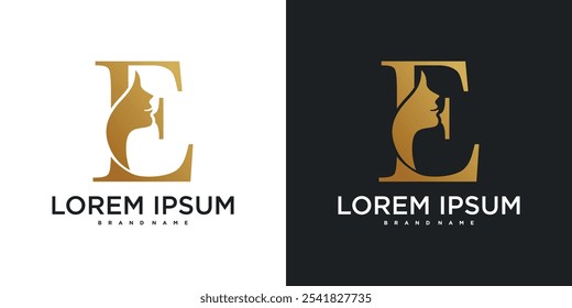 Initial letter E monogram logo design and silhouette of a woman's face. Premium Vector