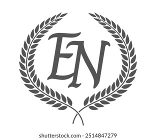 Initial letter E and N, EN monogram logo design with laurel wreath. Luxury calligraphy font.