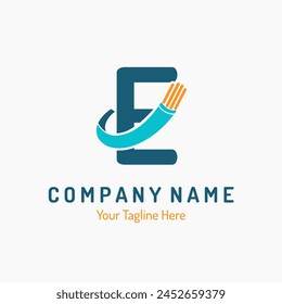 Initial Letter E with Optical Fiber, Electric Wire for Technology Business Logo Idea. Connection, Telecommunication, Cabling Provider Repair Logo Vector