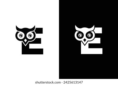 Initial letter E with owl modern company business logo icon. Simple and creative owl logo design vector, combination of letter E and owl.