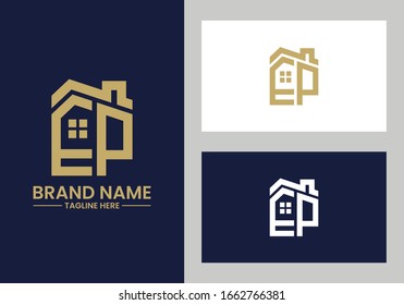 Initial Letter E and P with the roof. Real estate logo design concept.