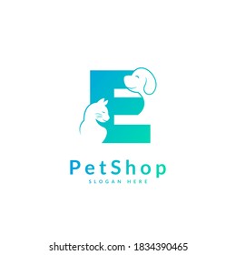 Initial letter E. Pet logo design template. Modern animal icon for store, veterinary clinic, business service. Logo with cat and dog concept.
